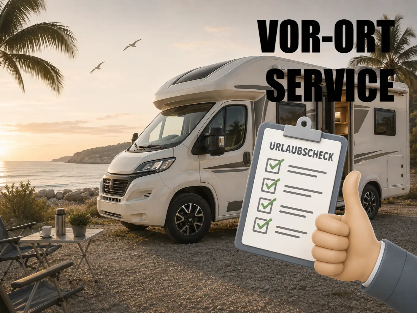 Gehen Sie auf Nummer sicher und machen Sie mit uns vor Reiseantritt den Urlaubs-Check für Ihr Wohnmobil oder Ihren Caravan. Gerne prüfen wir auch bei Ihnen vor Ort die wichtigsten Eckpunkte wie Bordelektrik, Spannungsversorgung, Starterbatterie, Außen- und Innenbeleuchtung, Wasseranalage, Pumpen und vieles mehr. Erforderliche Reparaturen führen wir nach Möglichkeit flexibel auch vor Ort durch.