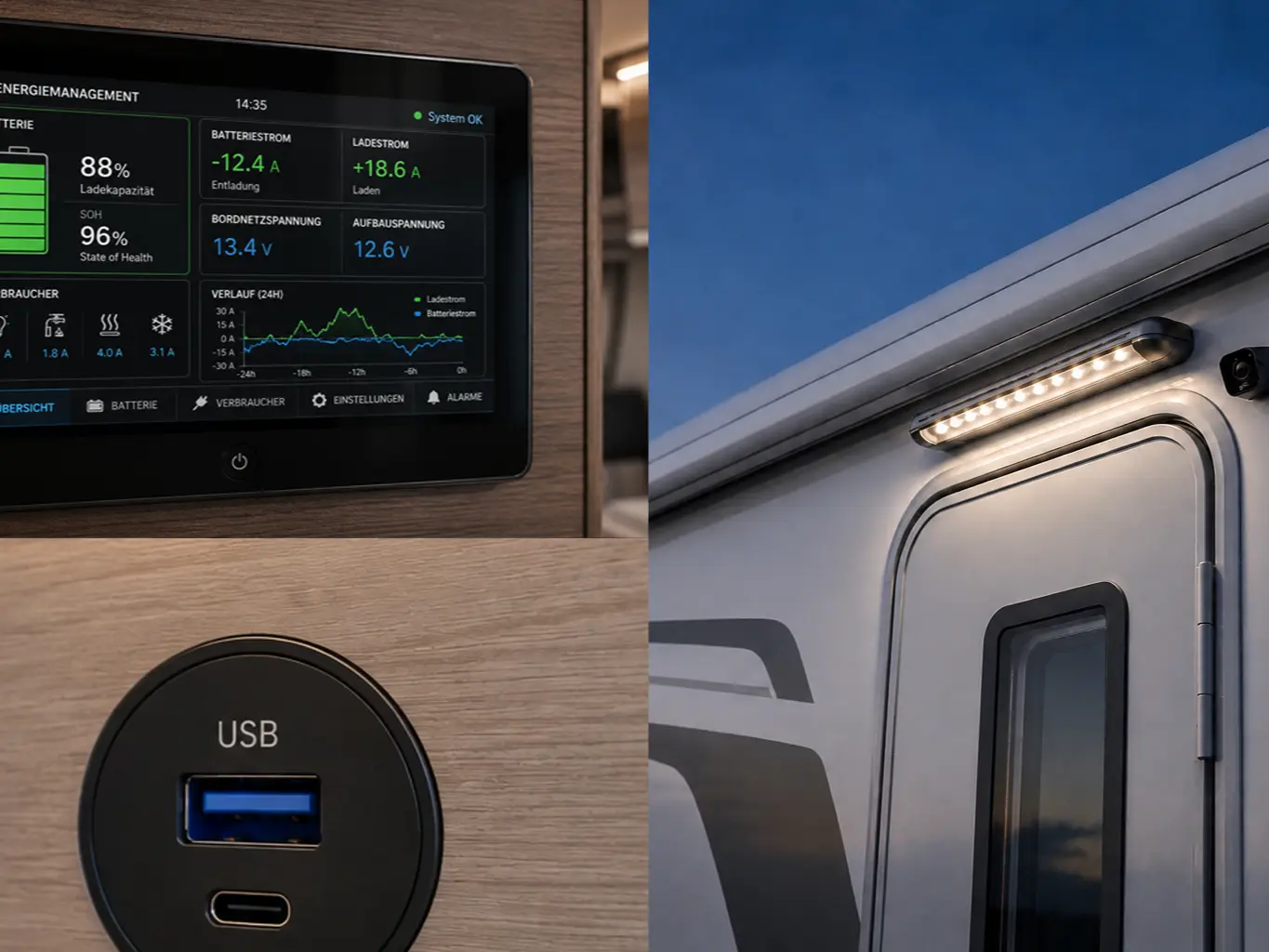 Ihr kompetenter Ansprechpartner für die Nachrüstung und Umrüstung elektrischer Komponenten und Stromkreise in Ihrem Wohnmobil, Caravan oder Boot. Außen- und Innenbeleuchtung, Kamerasysteme, Stromversorgung, USB-Anschlüsse, Sensoren, Überwachungsgeräte und vieles mehr. Besuchen Sie uns auf unserer Homepage oder nehmen Sie telefonisch Kontakt mit uns auf.