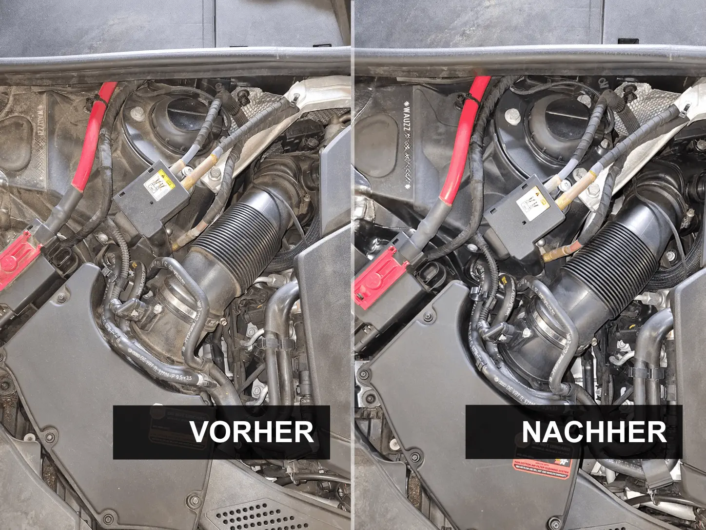 Vorher/Nachher-Ansicht eines Motorraumes der durch Trockeneis-Strahlen gereinigt wurde. Dauer der Reinigung ca. 15-30 Minuten, abhängig von Größe und Verschmutzungsgrad