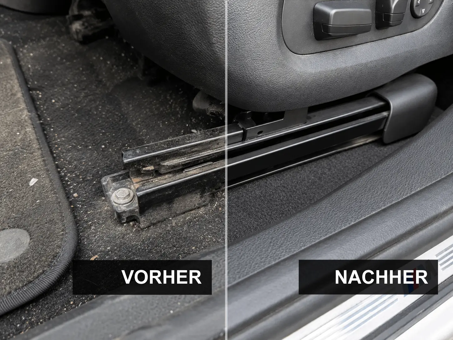 Vorher/Nachher-Bild einer Sitzschiene gereinigt durch Trockeneisstrahlen